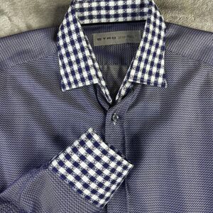 Etro Shirt Mens 39 Medium Blue White Long Sleeve Button Up Italy Check Collar